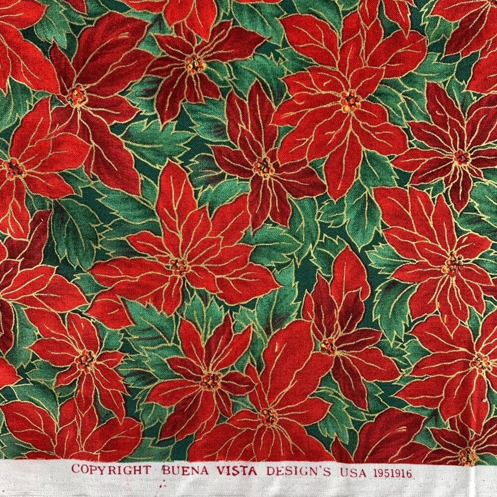 Poinsettia Print Red Cotton Christmas Fabric 1 7/8 Yards Buena Vista Designs